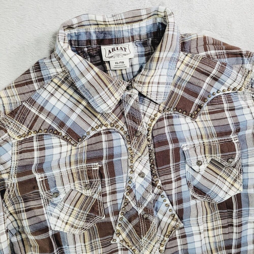 Ariat Shirt Womens XL Brown Plaid Long Sleeve Western Snap Studded Embellished